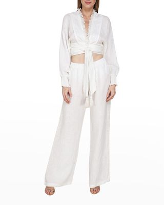 Pedrissa Linen Elastic Waist Sequined-Lace Side Pants