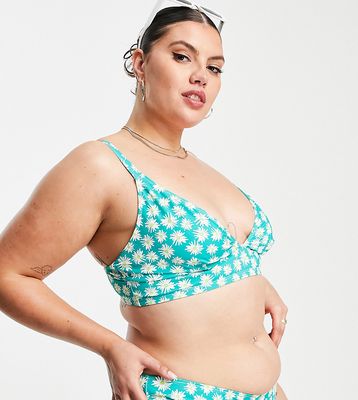 Peek & Beau Curve Exclusive long line bikini top in green sunflower print