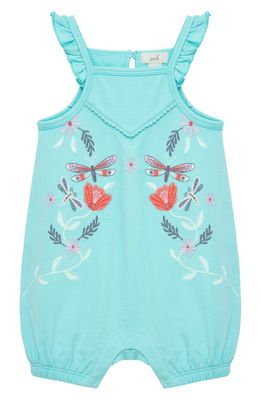 Peek Aren'T You Curious Dragonfly Embroidered Ruffle Shoulder Cotton Romper in Aqua