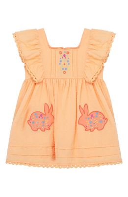 Peek Aren'T You Curious Embroidered Bunny Swiss Dot Cotton Dress in Pale Orange