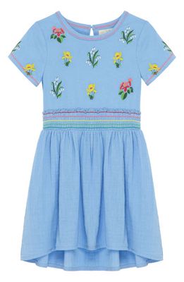 Peek Aren'T You Curious Kids' Floral Embroidered Smocked Cotton Dress in Blue