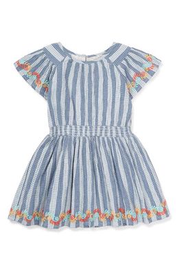 Peek Essentials Embroidered Stripe Smocked Waist Cotton Dress in Blue Stripe