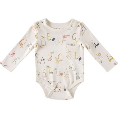 Pehr Alphabet Print Long Sleeve Organic Cotton Bodysuit in Beige 