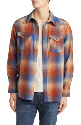 Pendleton Canyon Plaid Western Wool Snap-Up Overshirt in Brick/Blue Ombre