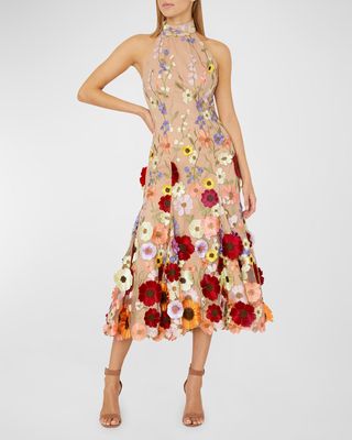 Penelope Floral-Embroidered Halter Midi Dress