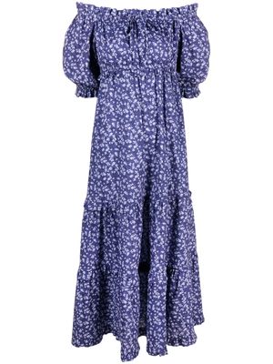 peony floral-print off-shoulder dress - Purple