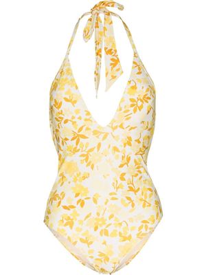 peony floral-print V-neck swimsuit - Neutrals