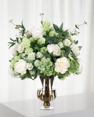 Peony Hydrangea Faux-Floral Arrangement in Glass Urn, 32wx30dx38h