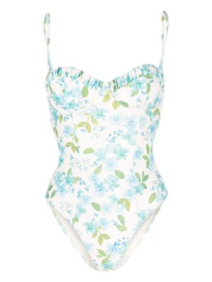 peony Memories floral-print ruched swimsuit - White