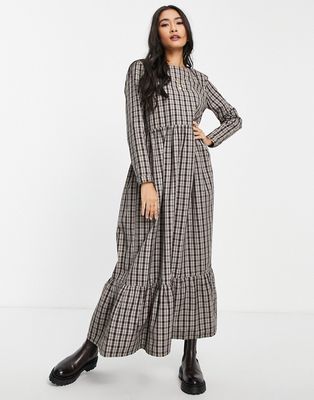 People Tree cotton maxi smock dress in brown plaid