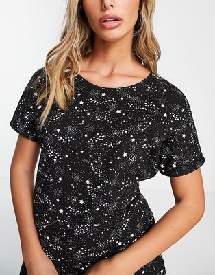 People Tree cotton pajama t-shirt in starry night print - part of a set-Black