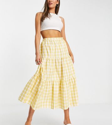 People Tree tiered midi picnic skirt in cotton yellow plaid