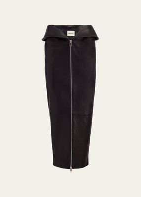 Pepita Foldover-Waist Leather Straight Midi Skirt