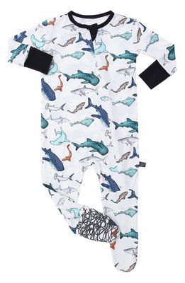 Peregrine Kidswear Watercolor Sharks Fitted One-Piece Footie Pajamas in White