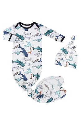 Peregrine Kidswear Watercolor Sharks Newborn Knot Gown & Hat Set in White
