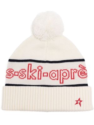 Perfect Moment intarsia-slogan pompom beanie - White