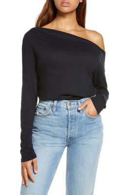 PERFECTDD Off the Shoulder Long Sleeve Cotton Top in Navy