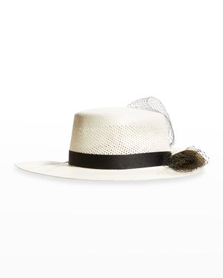 Perforated Straw Hat w/ Tulle Veil