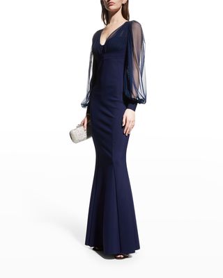 Perlita Sheer-Sleeve Illusion Gown