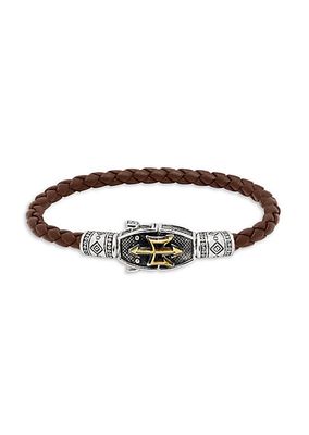 Perseus Sterling Silver & Bronze Woven Leather Trident Bracelet