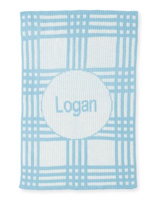 Personalized Plaid Knit Baby Blanket, Light Blue