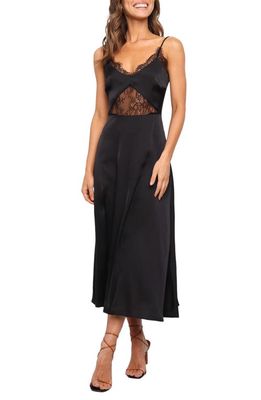 Petal & Pup Ariel Lace Trim Satin Midi Dress in Black