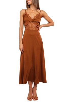 Petal & Pup Ariel Lace Trim Satin Midi Dress in Rust