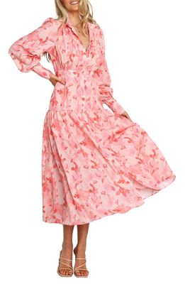 Petal & Pup Forever Print Long Sleeve Tiered Midi Dress in Pink
