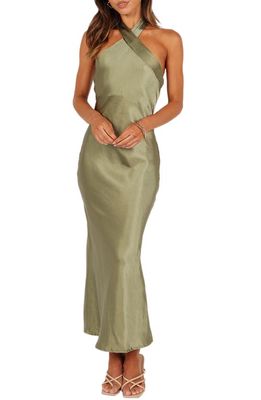 Petal & Pup Grasie Stretch Satin Halter Dress in Olive