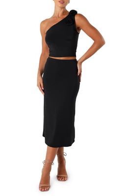 Petal & Pup Keely Rosette One-Shoulder Tank & Midi Skirt Set in Black