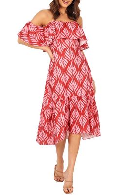 Petal & Pup Neoma Off the Shoulder Midi Dress in Red Palm Print