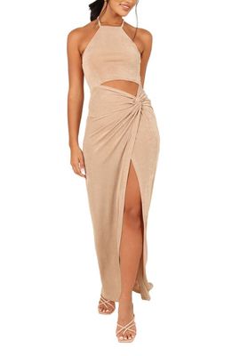 Petal & Pup Scarlette Shimmer Cutout Halter Gown in Gold