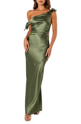 Petal & Pup Selma One-Shoulder Satin Gown in Olive