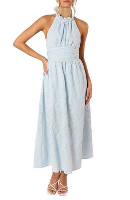 Petal & Pup Taila Eyelet Embroidered Halter Neck Cotton Maxi Dress in Blue Floral