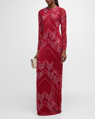 Petal Chevron Bead Embroidered Long-Sleeve Jewel-Neck Gown