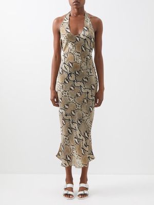 Petar Petrov - Abby Halterneck Python-print Silk Dress - Womens - Beige Multi
