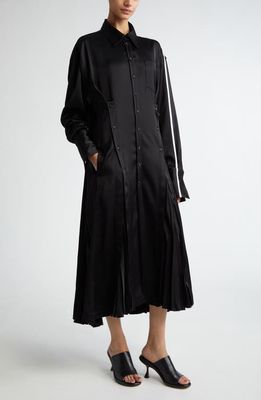 Peter Do Pleated Long Sleeve Satin Shirtdress in Black