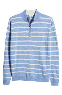 Peter Millar Long Bay Stripe Merino Wool & Linen Quarter Zip Sweater in Maritime