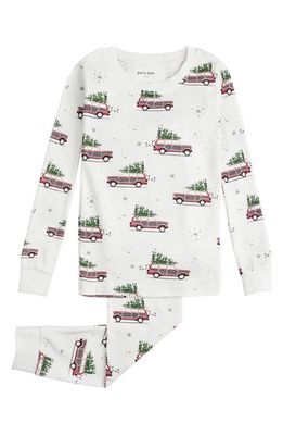 Petit Lem Christmas Station Wagon Print Organic Cotton Fitted Two-Piece Pajamas in Owh Off White
