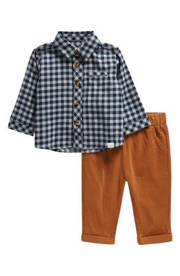 Petit Lem Gingham Organic Cotton Flannel Shirt & Corduroy Pants Set in Navy