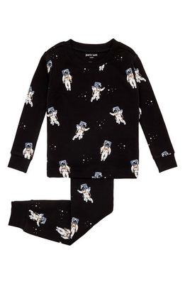 Petit Lem Kids' Astronaut Print Organic Cotton Fitted Two-Piece Pajamas in Black