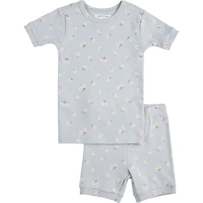 Petit Lem Kids' Daisy Print Organic Cotton Rib Fitted Two-Piece Short Pajamas in Blue Light 