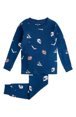 Petit Lem Kids' Hockey Print Fitted Organic Cotton Two-Piece Pajamas in Blue