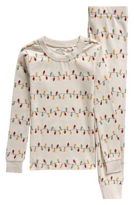 Petit Lem Kids' Holiday Lights Fitted Organic Cotton Two-Piece Pajamas in Beige