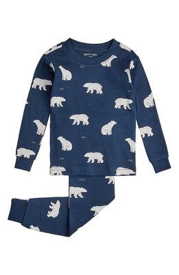 Petit Lem Kids' Polar Bear Print Fitted Organic Cotton Two-Piece Pajamas in Navy