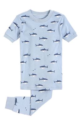 Petit Lem Kids' Shark Print Short Sleeve Organic Cotton Fitted Two-Piece Pajamas in 600 Blue