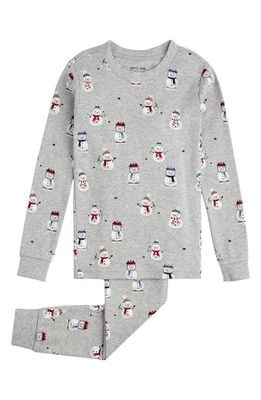 Petit Lem Kids' Skating Snowman Print Fitted Organic Cotton Two-Piece Pajamas in Grey