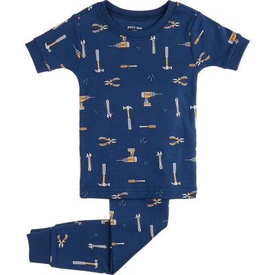 Petit Lem Kids' Tool Print Fitted Organic Cotton Two-Piece Pajamas in Dark Blue 