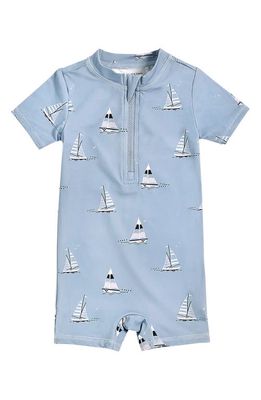 Petit Lem Sailboats on Dusty Blue Short Sleeve One-Piece Rashguard Swimsuit in 600 Blue
