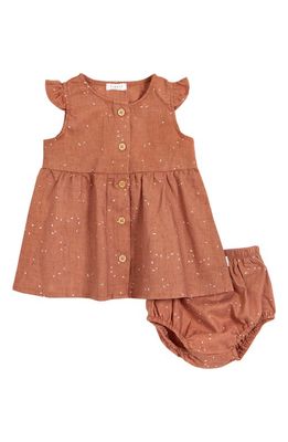 Petit Lem Seed Print Linen & Organic Cotton Dress & Bloomers in Leather Brown
